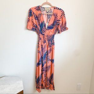 Cleobella Midi Tropical Coral with Blue Palm dress